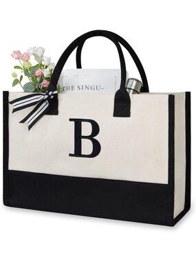 Personalized Initial Canvas Beach Tote Bag | Monogrammed Gift for Women
